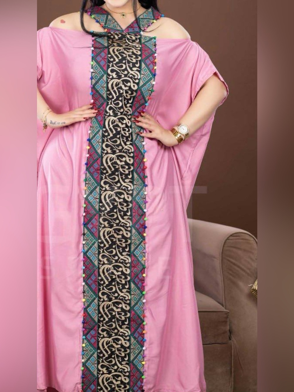 NWT Egyptian Cotton Arabic Calligraphy Maxi Kaftan Dress OS